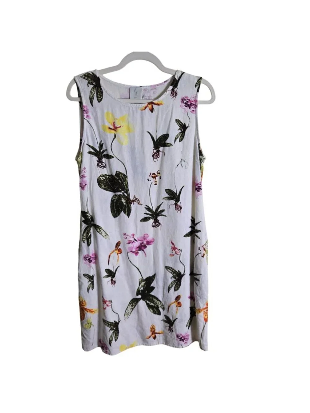 Joie Linen Blend Botanical Sleeveless Shift Dress Pockets Size L